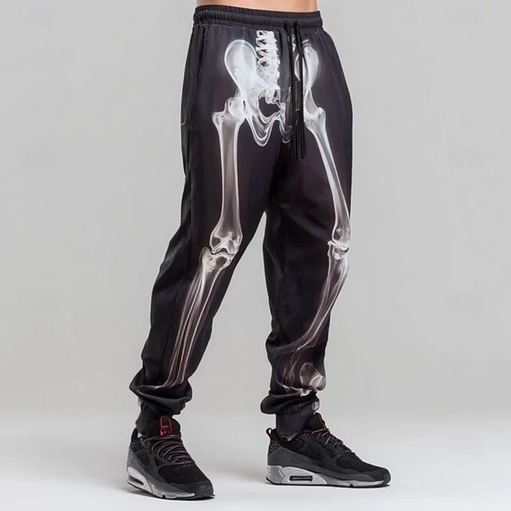 Skeleton Print Jogger Pants, Black