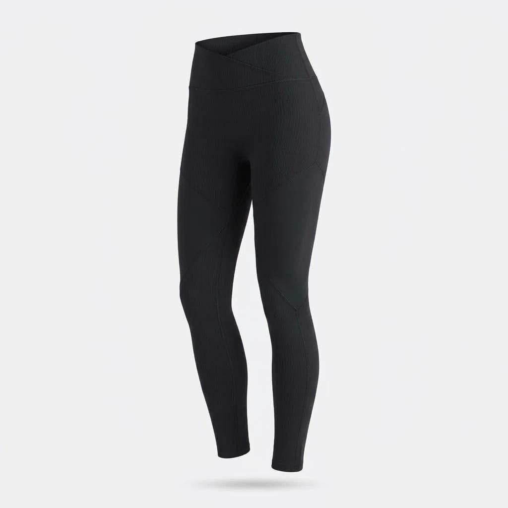 Matte Black Crossover Waist Leggings - Ribbed Contour-Seam Butt-Lift Tights