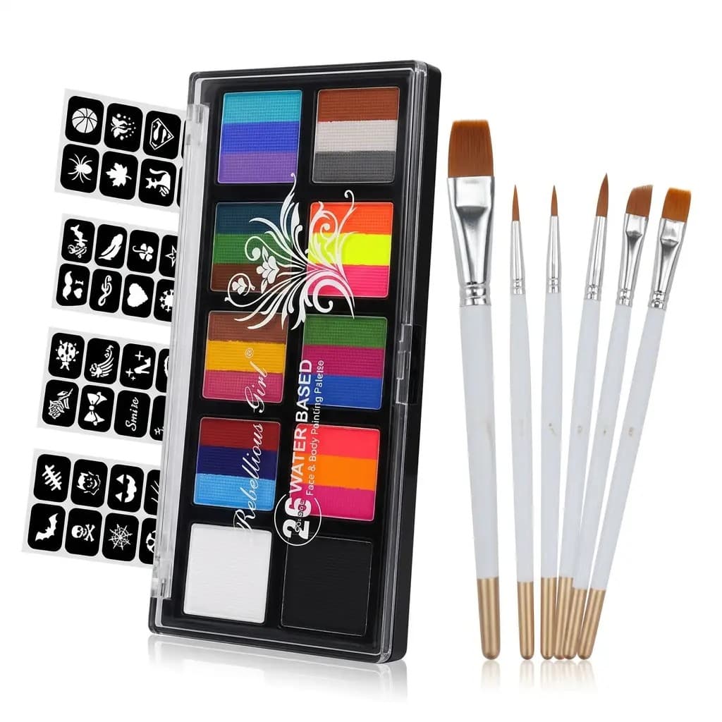 Face & Body Paint Set - 26-Colour Palette, 6 Brushes & 32 Stencils