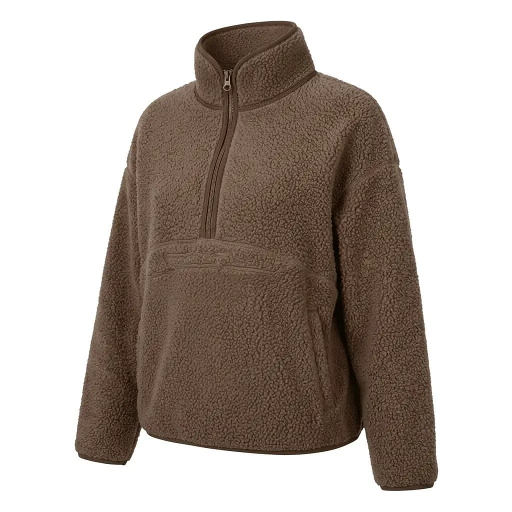 Side view of the oversized half-zip pullover, showing the relaxed, cropped fleece fit.