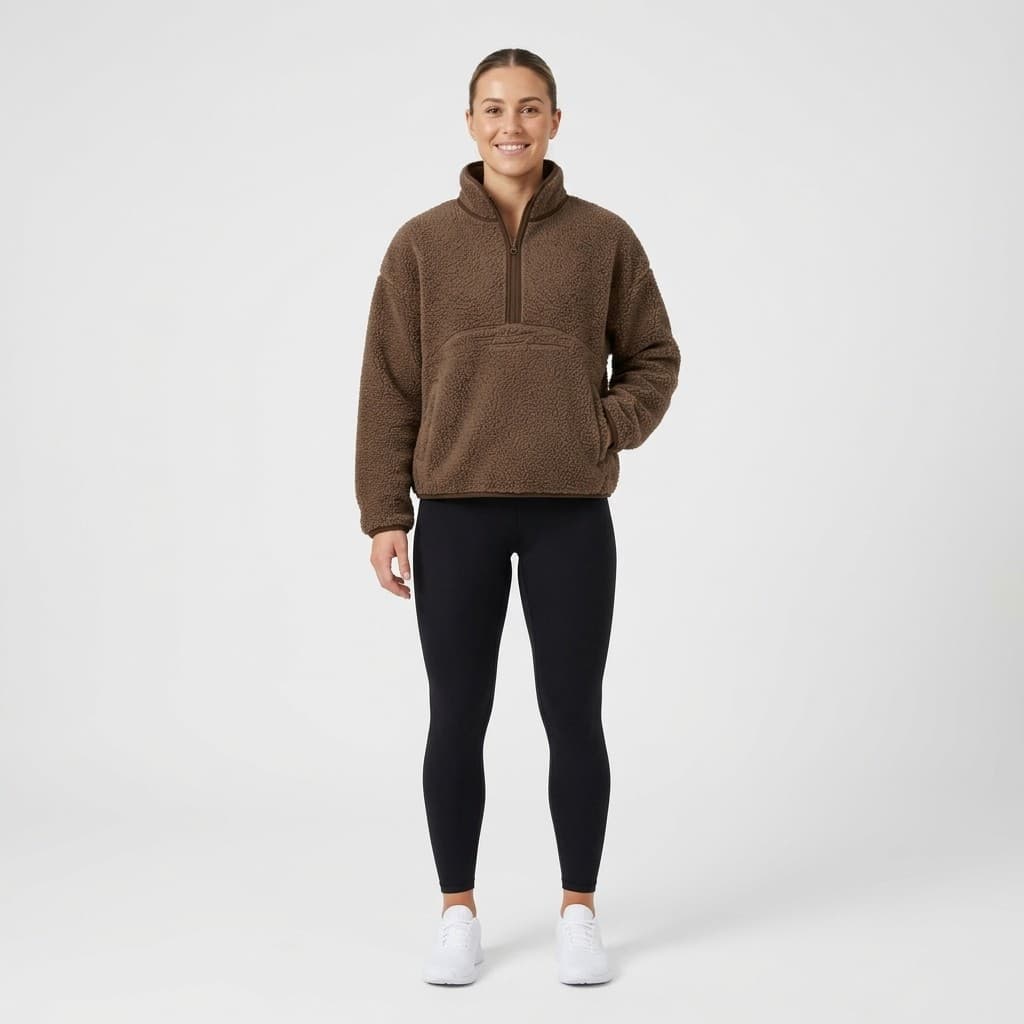 Smiling woman standing in a brown oversized sherpa half-zip pullover with black leggings, one hand in the side pocket