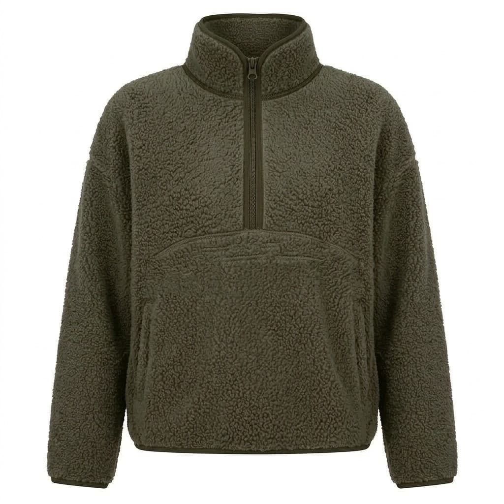 Army green oversized sherpa half-zip pullover with a stand collar, darker olive binding and a front kangaroo pocket