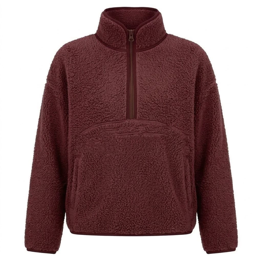 Wine red oversized sherpa half-zip pullover, its collar, cuffs, hem and pocket openings edged in deeper burgundy