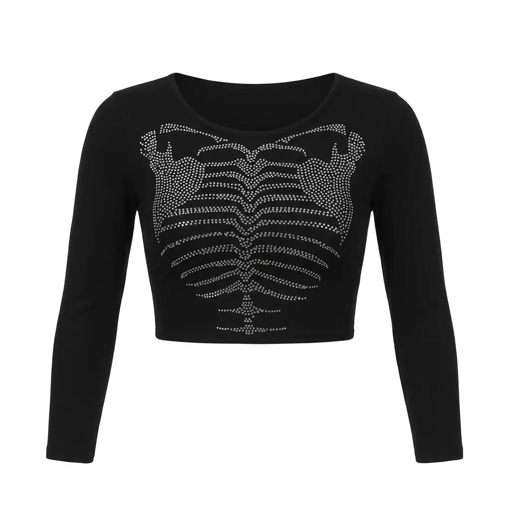 Rhinestone Skeleton Crop Top - 3D Sparkle Halloween Workout Tee