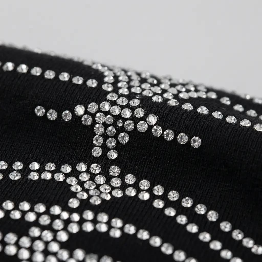 Close-up of the rhinestone stitching that forms the ribcage design on this skeleton crop top.