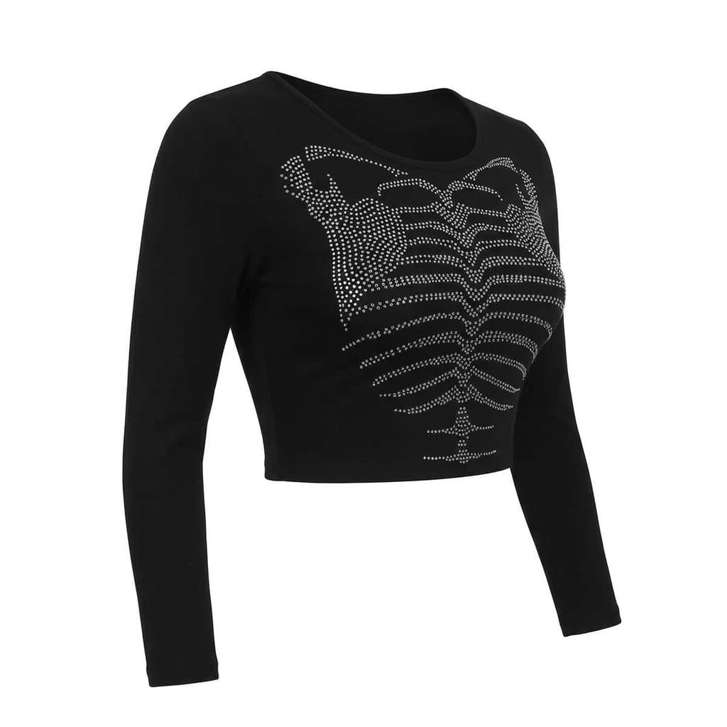 Three-quarter side view of the black long-sleeve rhinestone skeleton crop top, showing the sparkling ribcage and spine
