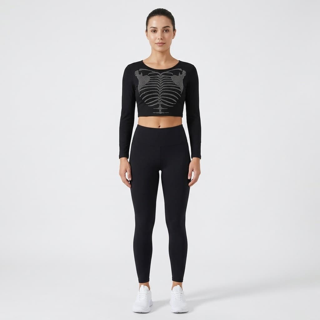 Fit woman standing in the rhinestone skeleton crop top with long sleeves, worn with black high-waist leggings and trainers