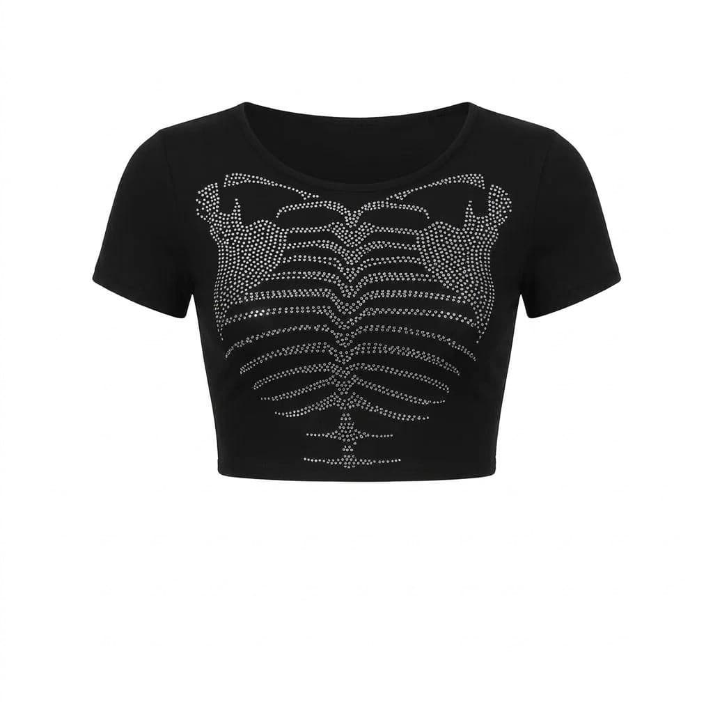 Short-sleeve style of the black rhinestone skeleton crop top, a sparkling ribcage and spine across the chest.