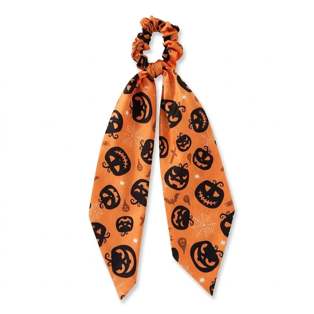 Halloween Scarf Scrunchie - Pumpkin, Ghost & Bat Print Hair Tie