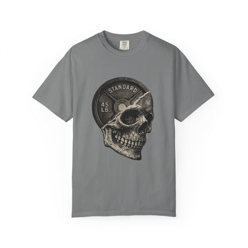 Skull & 45lb Plate T-Shirt — Weightlifting Gym Skull Tee