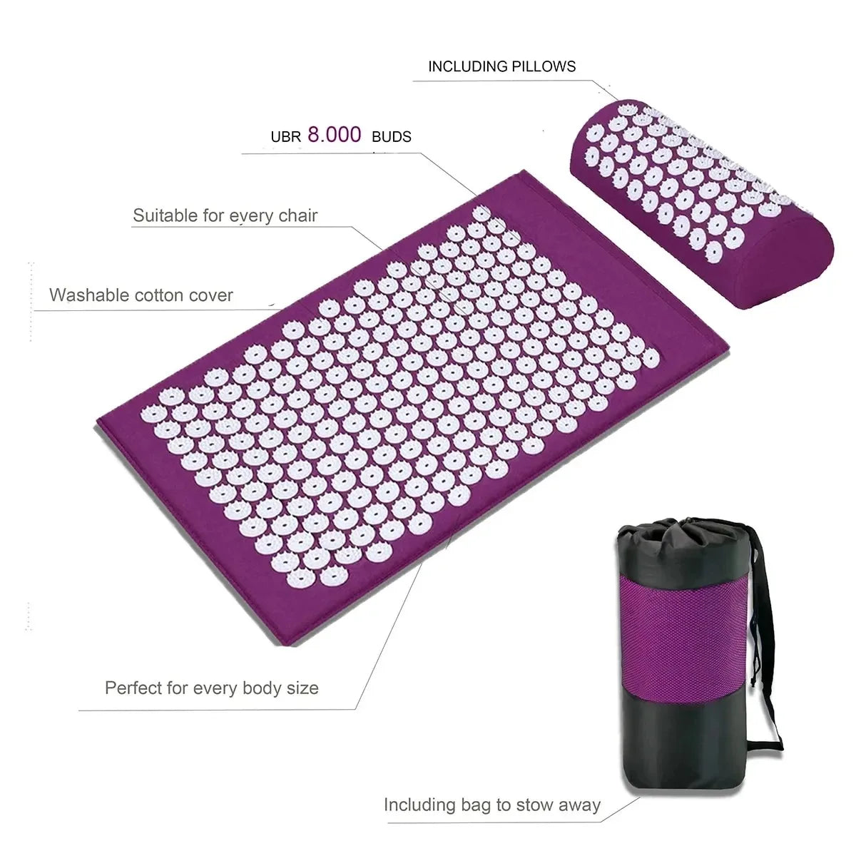 Yoga Massage Mat with Pillow for Stress Relief & Back Pain