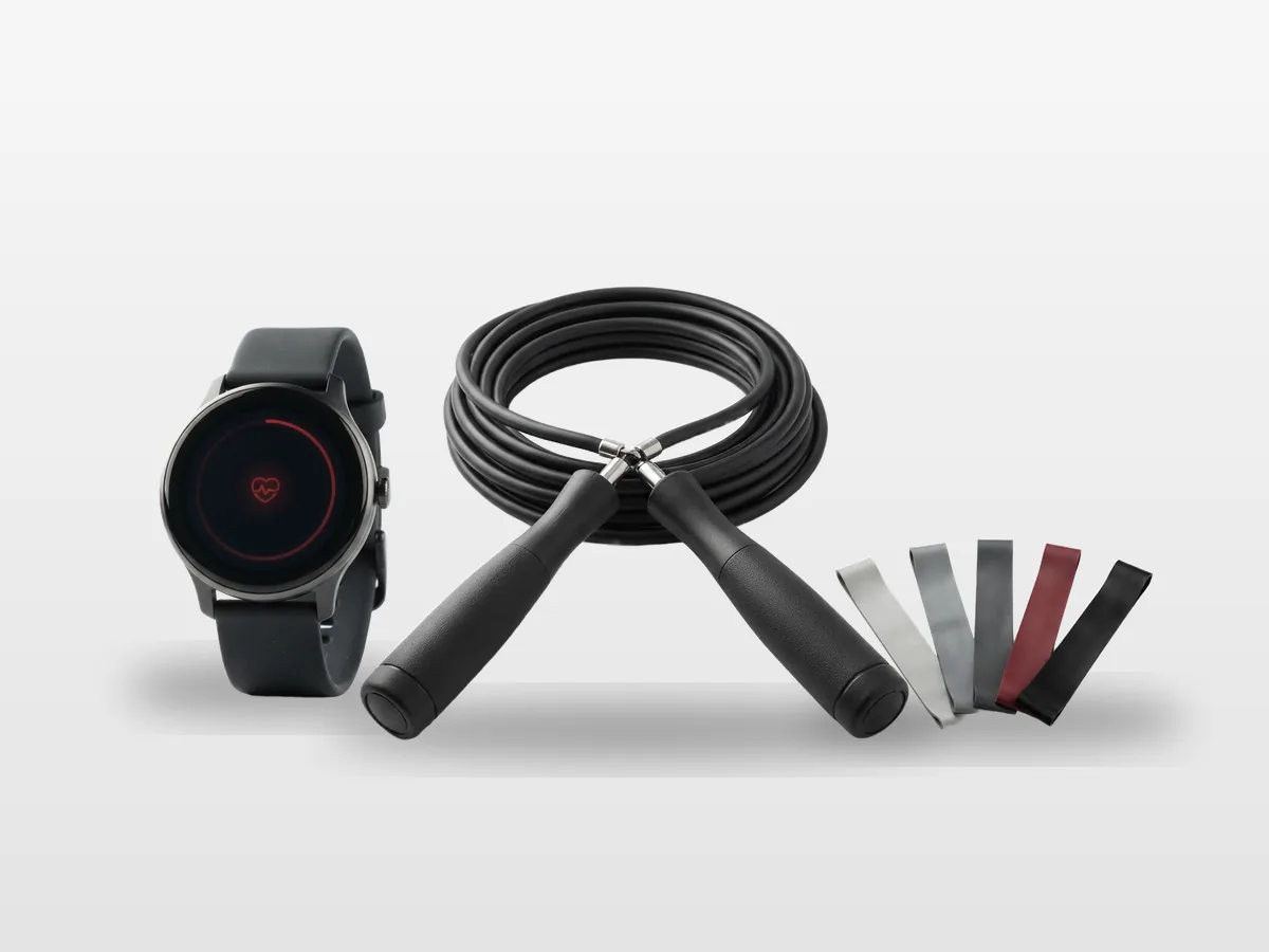 A fitness watch, a weighted jump rope and a set of loop bands