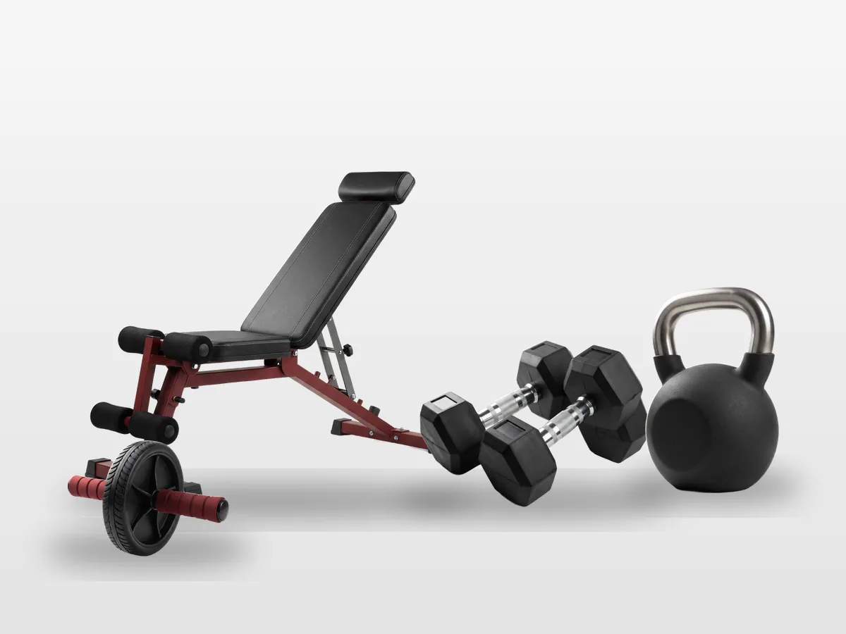 An adjustable bench, a pair of hex dumbbells, a kettlebell and an ab roller