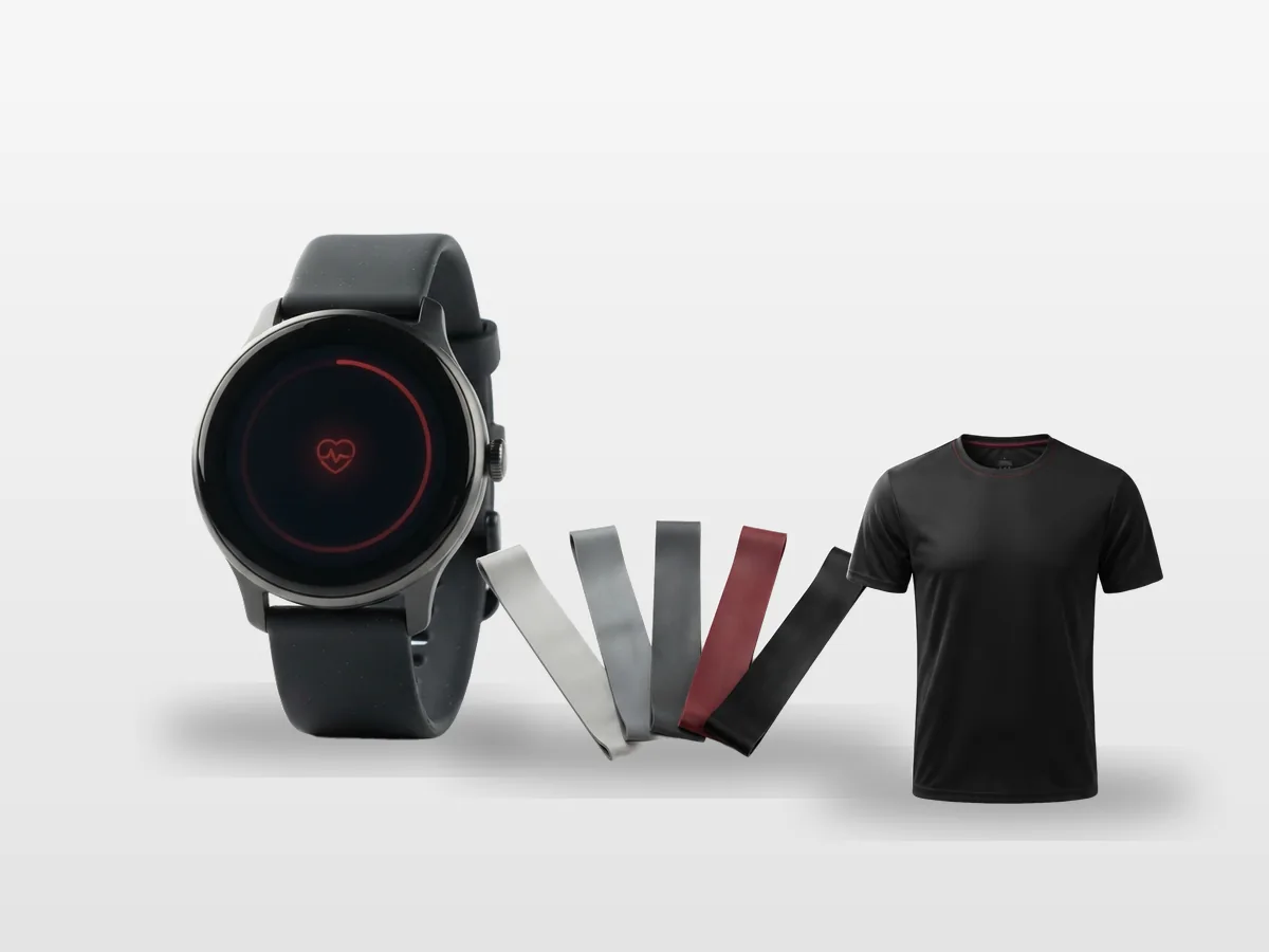 A fitness watch, five loop bands and a black training tee
