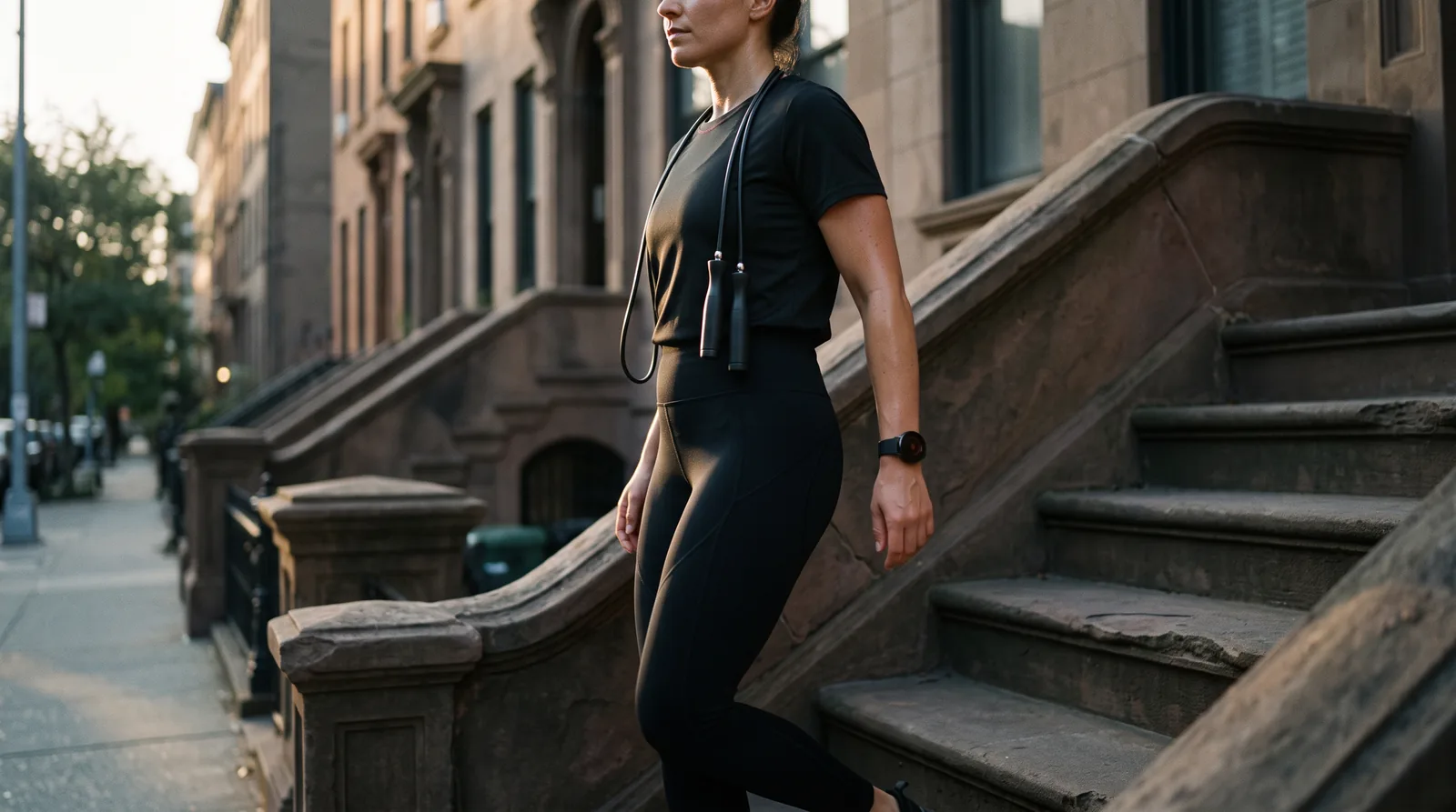 Training tee and leggings, worn and ready to leave the house in