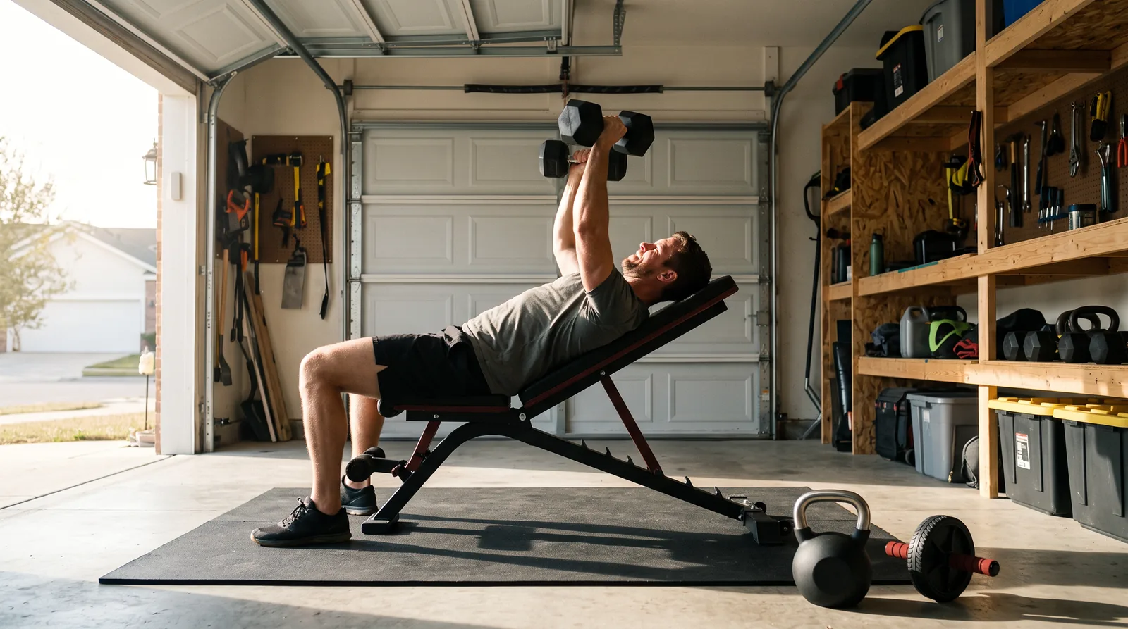 A man pressing adjustable dumbbells on a foldable bench in a sunlit garage, a kettlebell and ab roller on the mat beside him